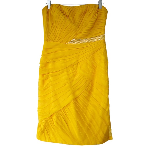 Monique Lhuillier 100% Silk Bright Yellow Beaded Strapless Mini Dress Size 8 - Picture 1 of 11